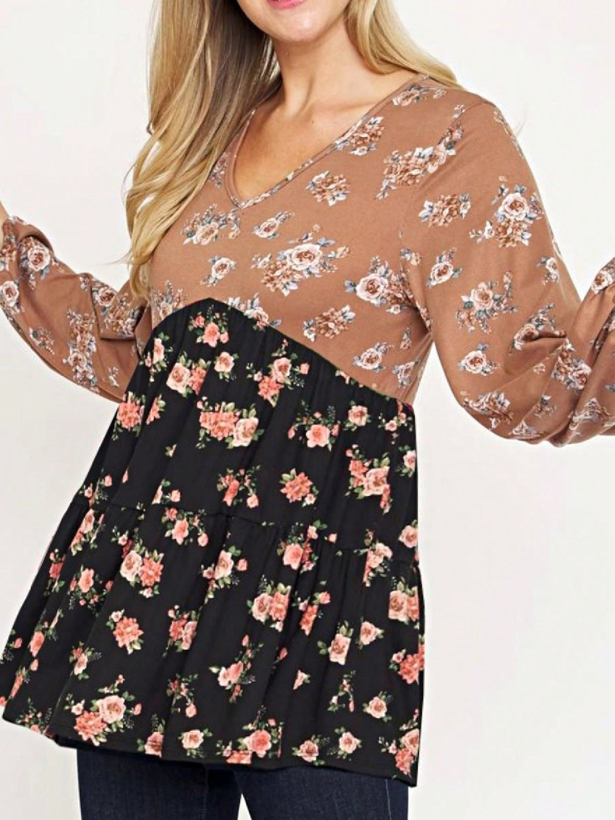 Boho Retro 90's Vintage Ditsy Floral V Neck Empire Waist  Bubble Puff Long Sleeve Tunic Top