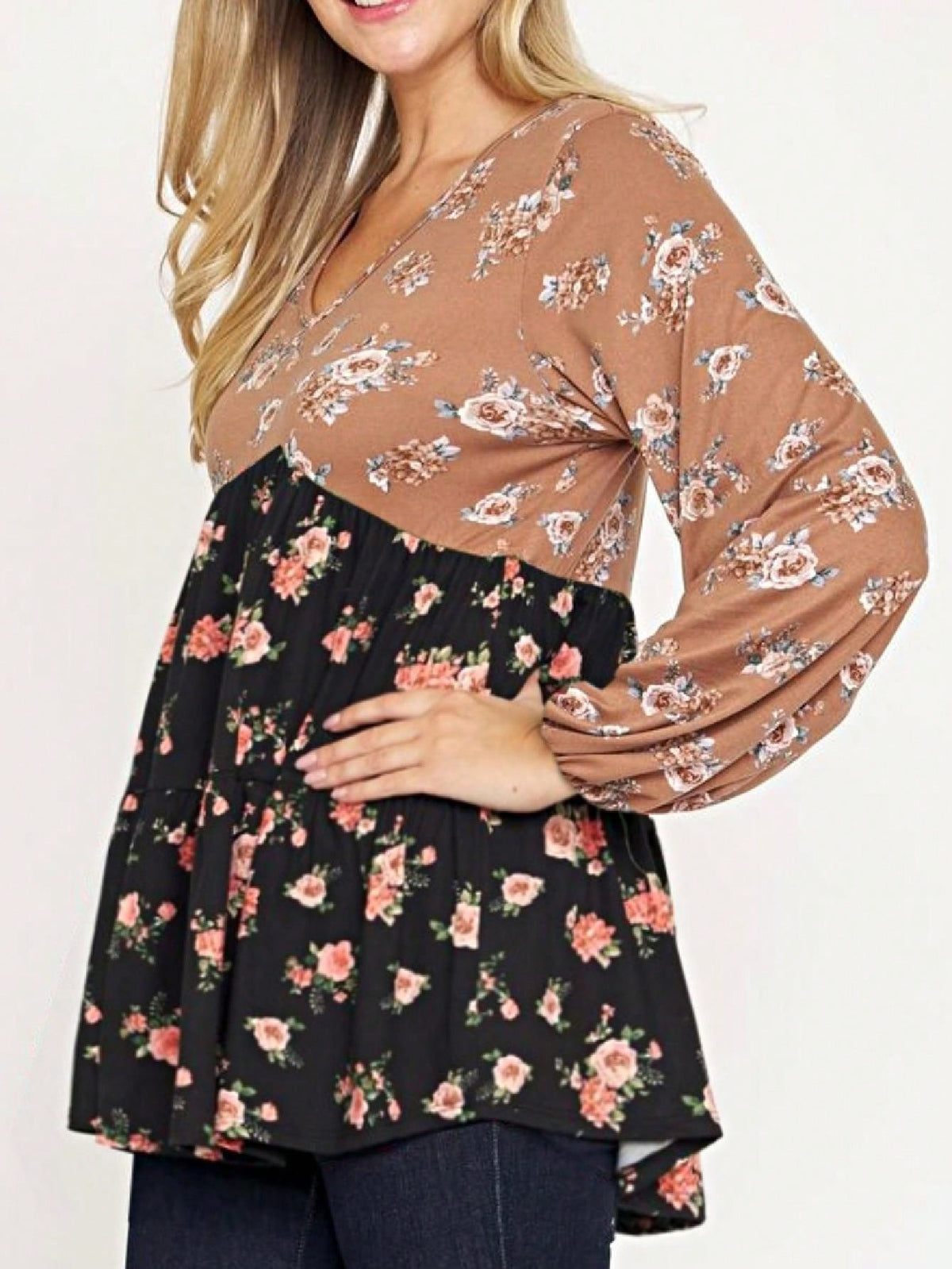 Boho Retro 90's Vintage Ditsy Floral V Neck Empire Waist  Bubble Puff Long Sleeve Tunic Top