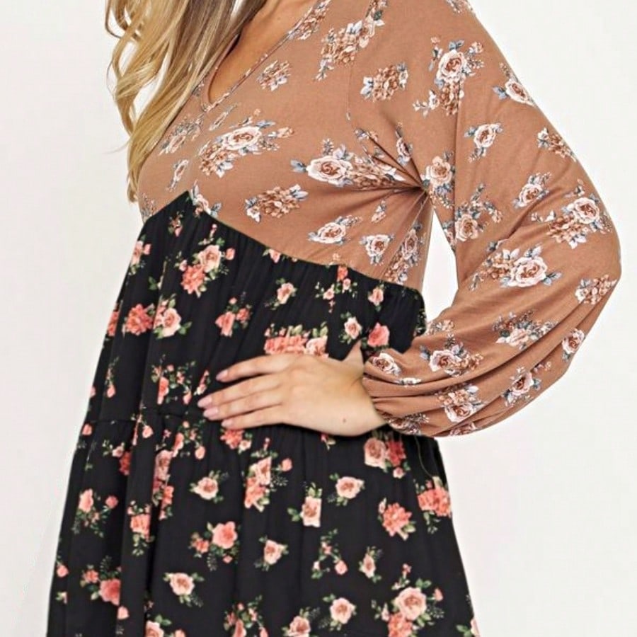 Boho Retro 90's Vintage Ditsy Floral V Neck Empire Waist  Bubble Puff Long Sleeve Tunic Top