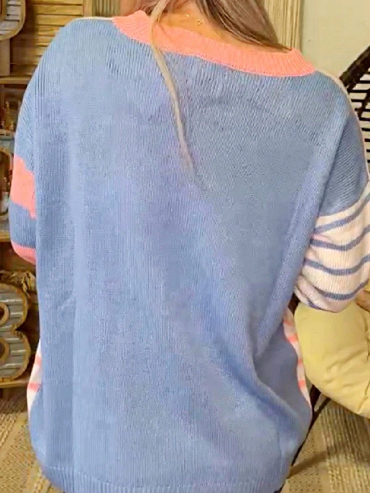 Boho Retro Vintage Viscose 90's  Pink Stripe Knit  Drop Shoulder Blue  Puff Bishop Sleeve  Sweater Knit Top Pullover