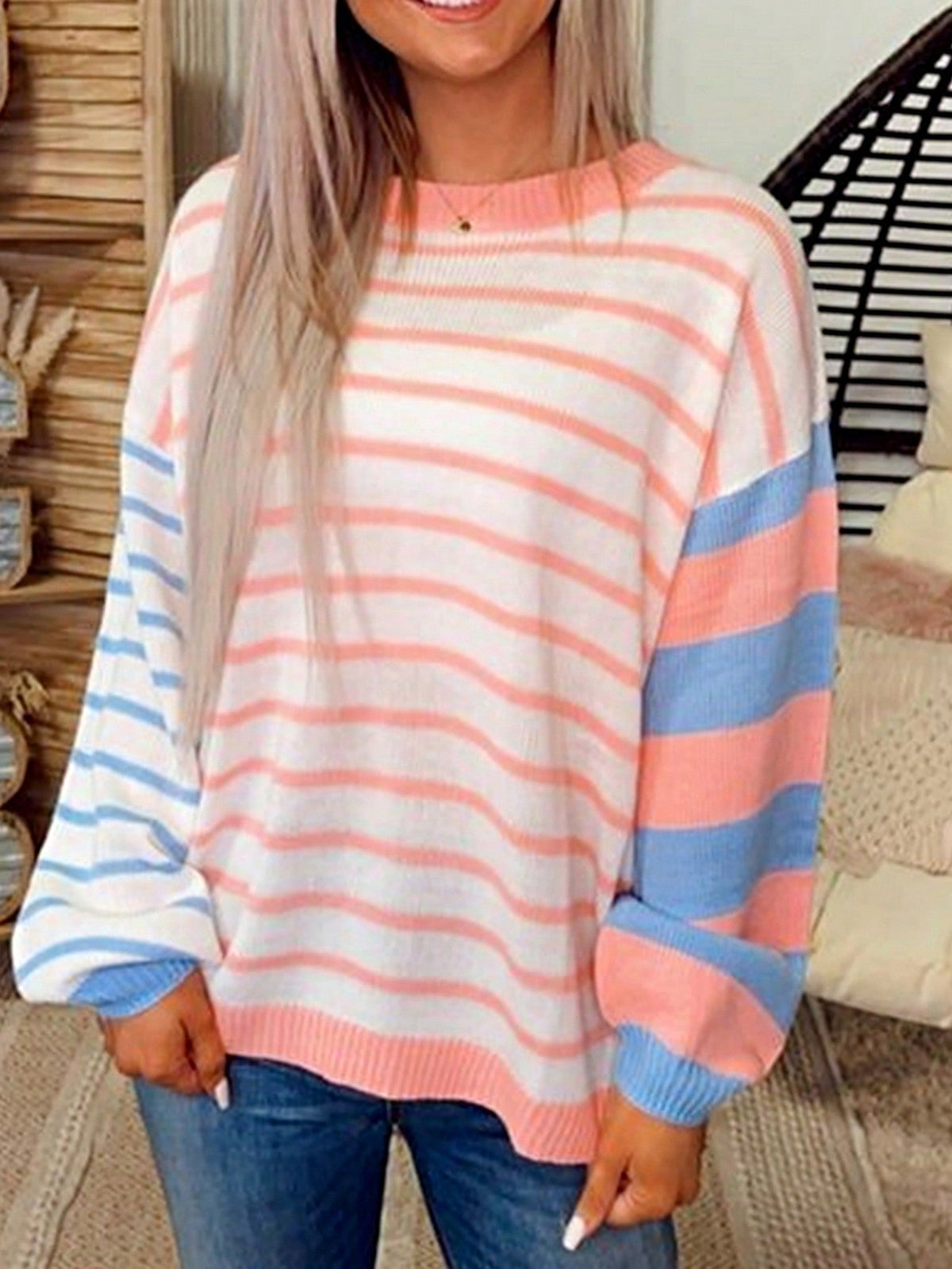 Boho Retro Vintage Viscose 90's  Pink Stripe Knit  Drop Shoulder Blue  Puff Bishop Sleeve  Sweater Knit Top Pullover