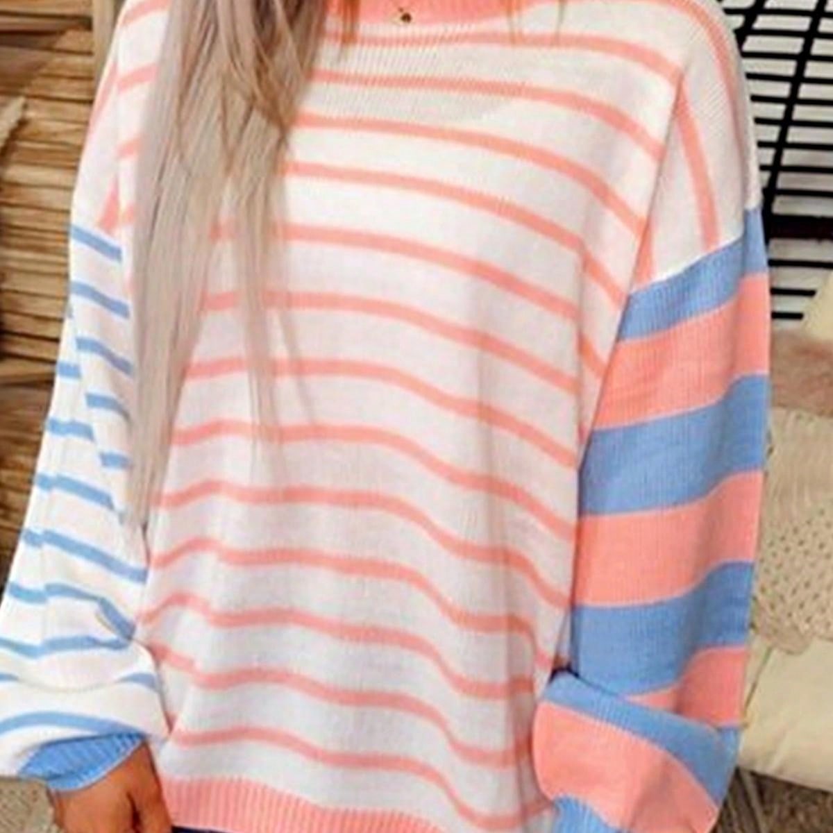Boho Retro Vintage Viscose 90's  Pink Stripe Knit  Drop Shoulder Blue  Puff Bishop Sleeve  Sweater Knit Top Pullover