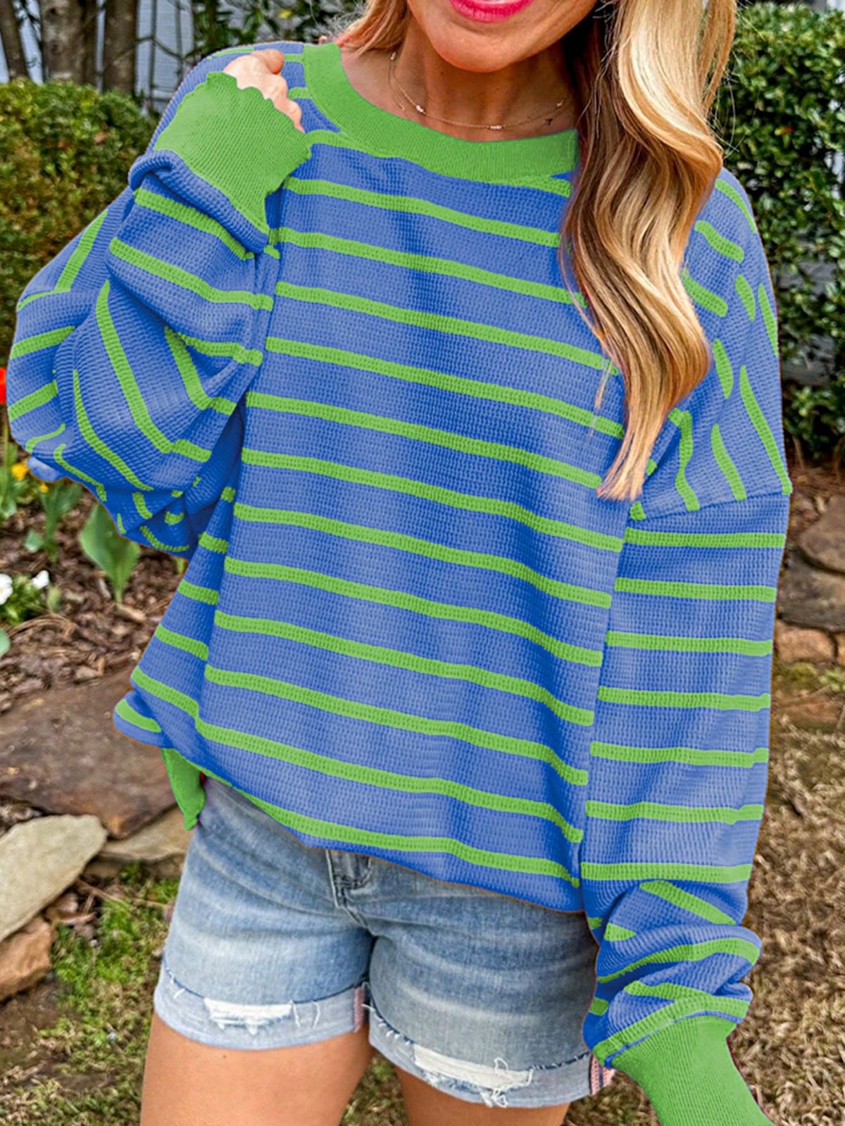 Boho Retro Vintage Viscose 90's  Pink Stripe Knit  Drop Shoulder Blue  Puff Bishop Sleeve  Sweater Knit Top Pullover