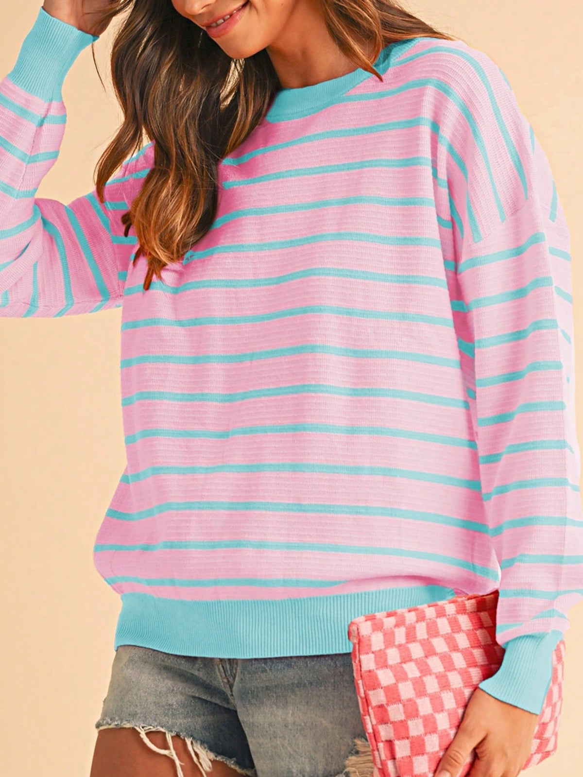 Boho Retro Vintage Viscose 90's  Pink Stripe Knit  Drop Shoulder Blue  Puff Bishop Sleeve  Sweater Knit Top Pullover