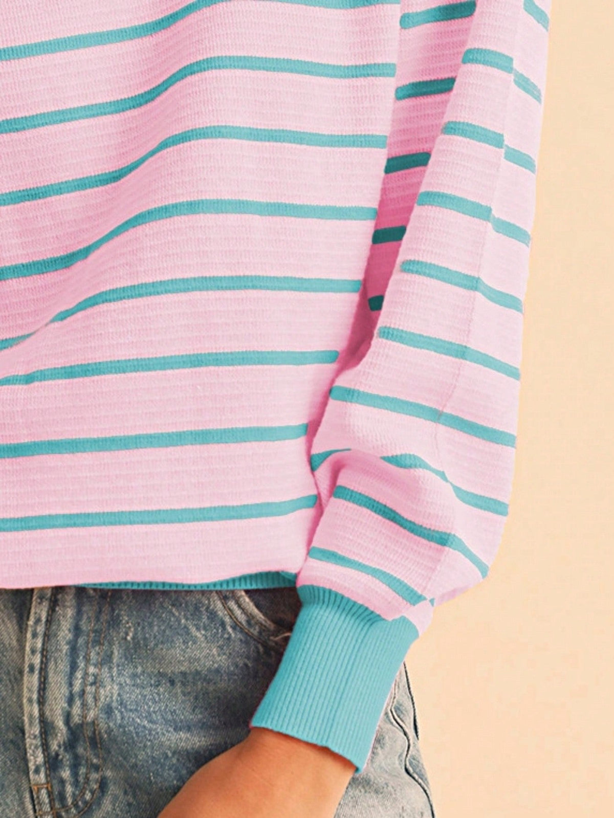 Boho Retro Vintage Viscose 90's  Pink Stripe Knit  Drop Shoulder Blue  Puff Bishop Sleeve  Sweater Knit Top Pullover
