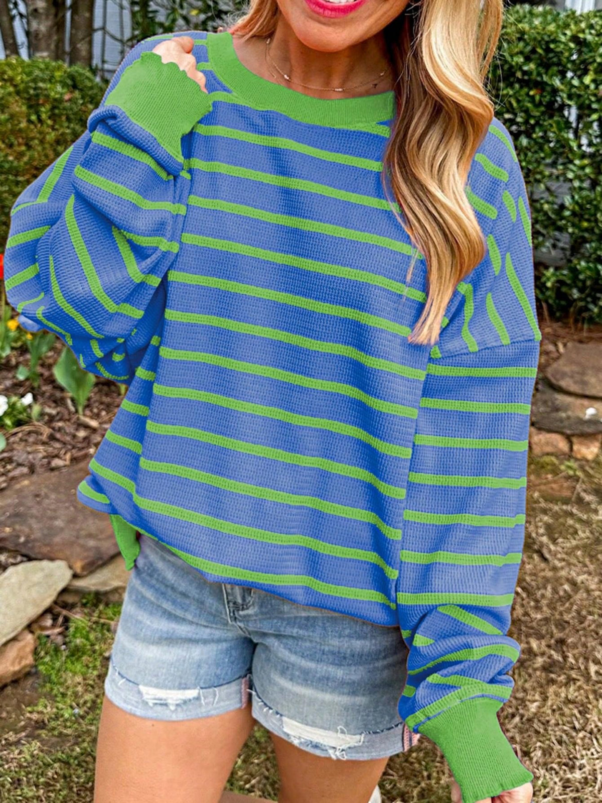 Boho Retro Vintage Viscose 90's  Pink Stripe Knit  Drop Shoulder Blue  Puff Bishop Sleeve  Sweater Knit Top Pullover