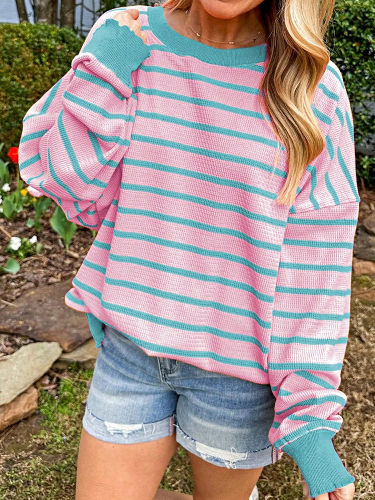 Boho Retro Vintage Viscose 90's  Pink Stripe Knit  Drop Shoulder Blue  Puff Bishop Sleeve  Sweater Knit Top Pullover