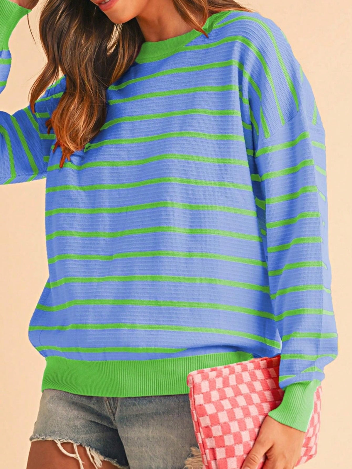 Boho Retro Vintage Viscose 90's  Pink Stripe Knit  Drop Shoulder Blue  Puff Bishop Sleeve  Sweater Knit Top Pullover
