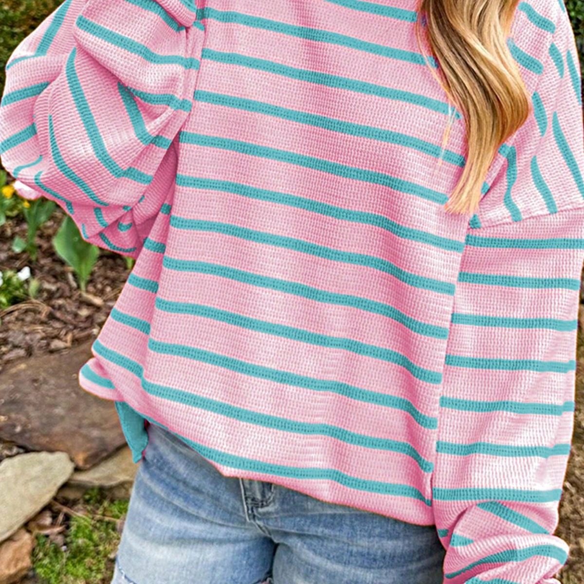 Boho Retro Vintage Viscose 90's  Pink Stripe Knit  Drop Shoulder Blue  Puff Bishop Sleeve  Sweater Knit Top Pullover