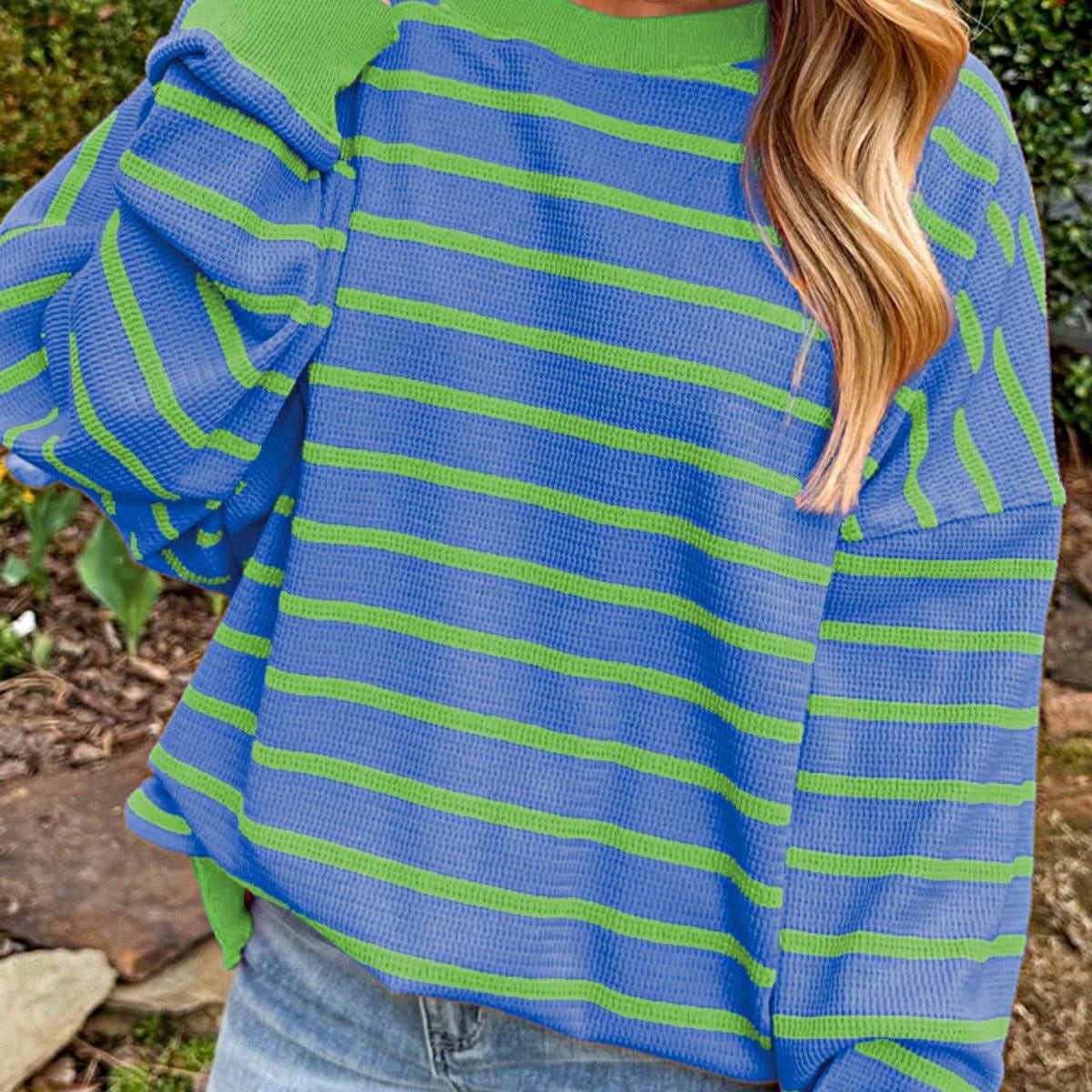 Boho Retro Vintage Viscose 90's  Pink Stripe Knit  Drop Shoulder Blue  Puff Bishop Sleeve  Sweater Knit Top Pullover