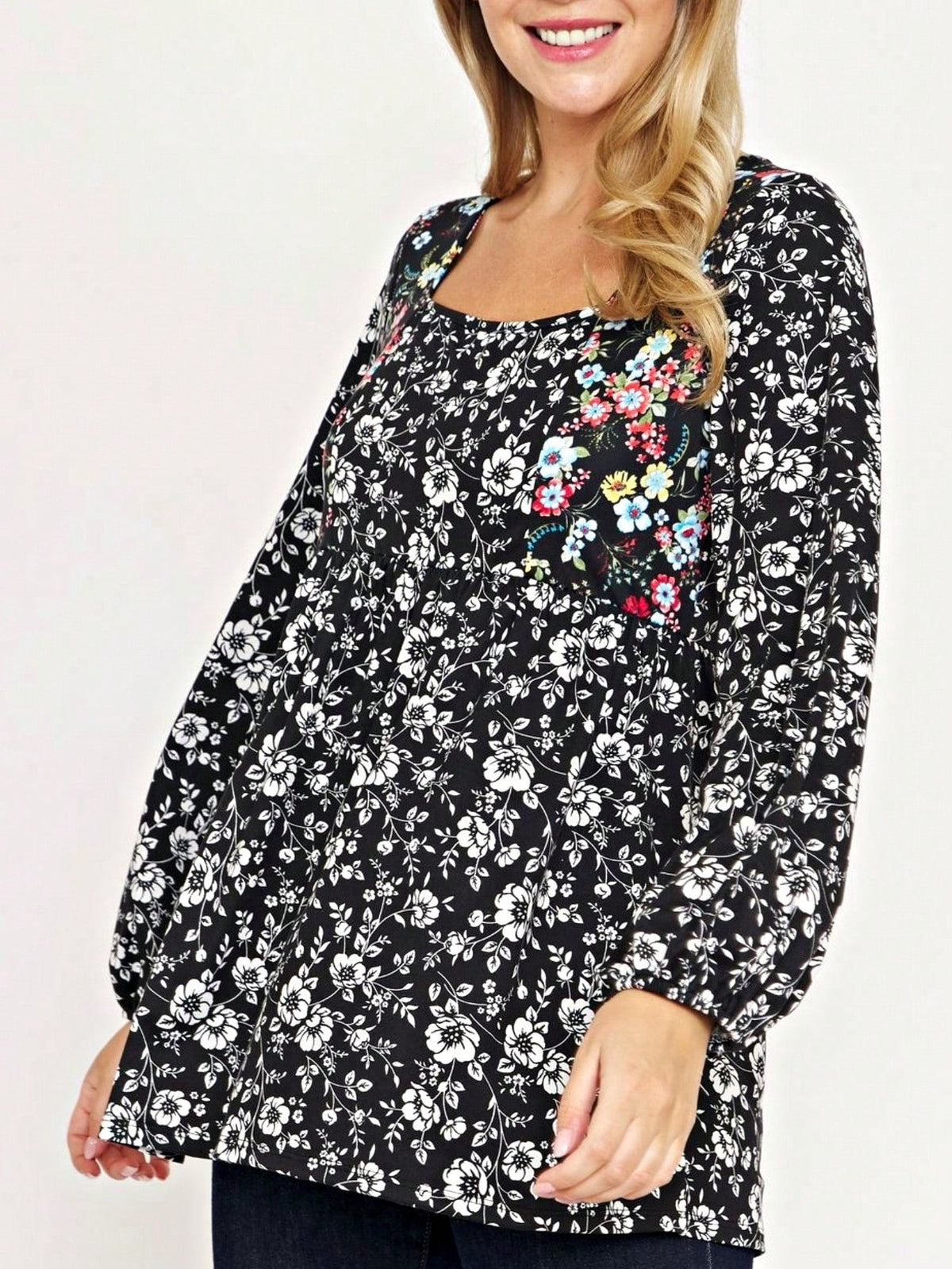Boho Retro 90's Vintage Ditsy Floral V Neck Empire Waist  Bubble Puff Long Sleeve Tunic Top