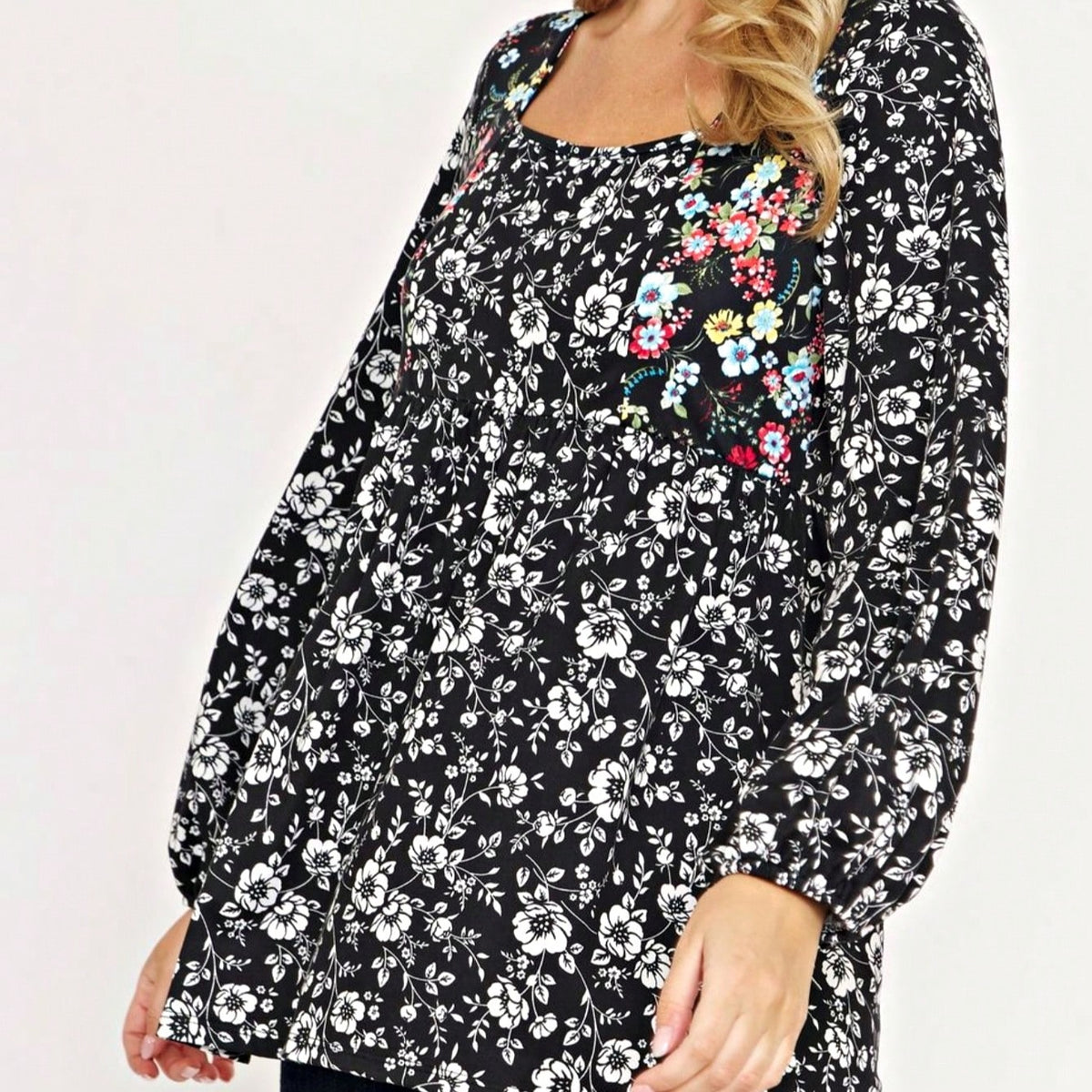 Boho Retro 90's Vintage Ditsy Floral V Neck Empire Waist  Bubble Puff Long Sleeve Tunic Top
