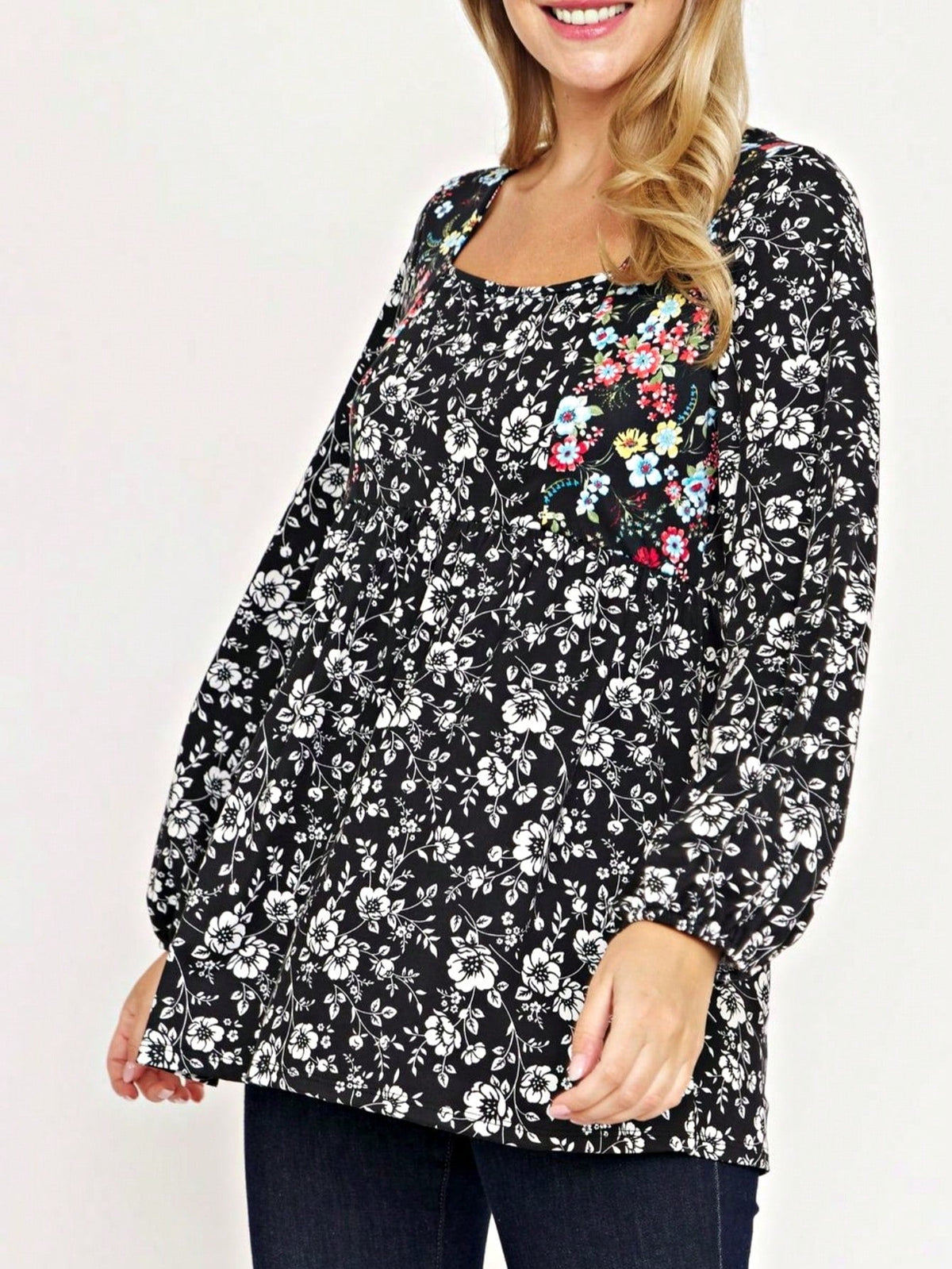 Boho Retro 90's Vintage Ditsy Floral V Neck Empire Waist  Bubble Puff Long Sleeve Tunic Top
