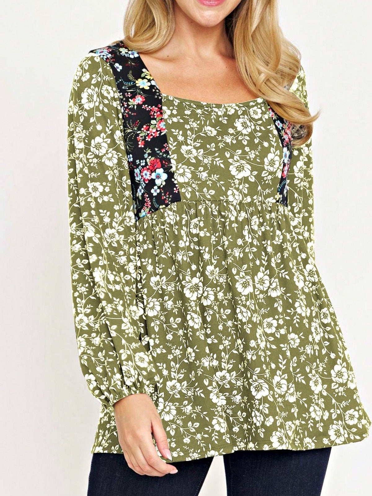 Boho Retro 90's Vintage Ditsy Floral V Neck Empire Waist  Bubble Puff Long Sleeve Tunic Top
