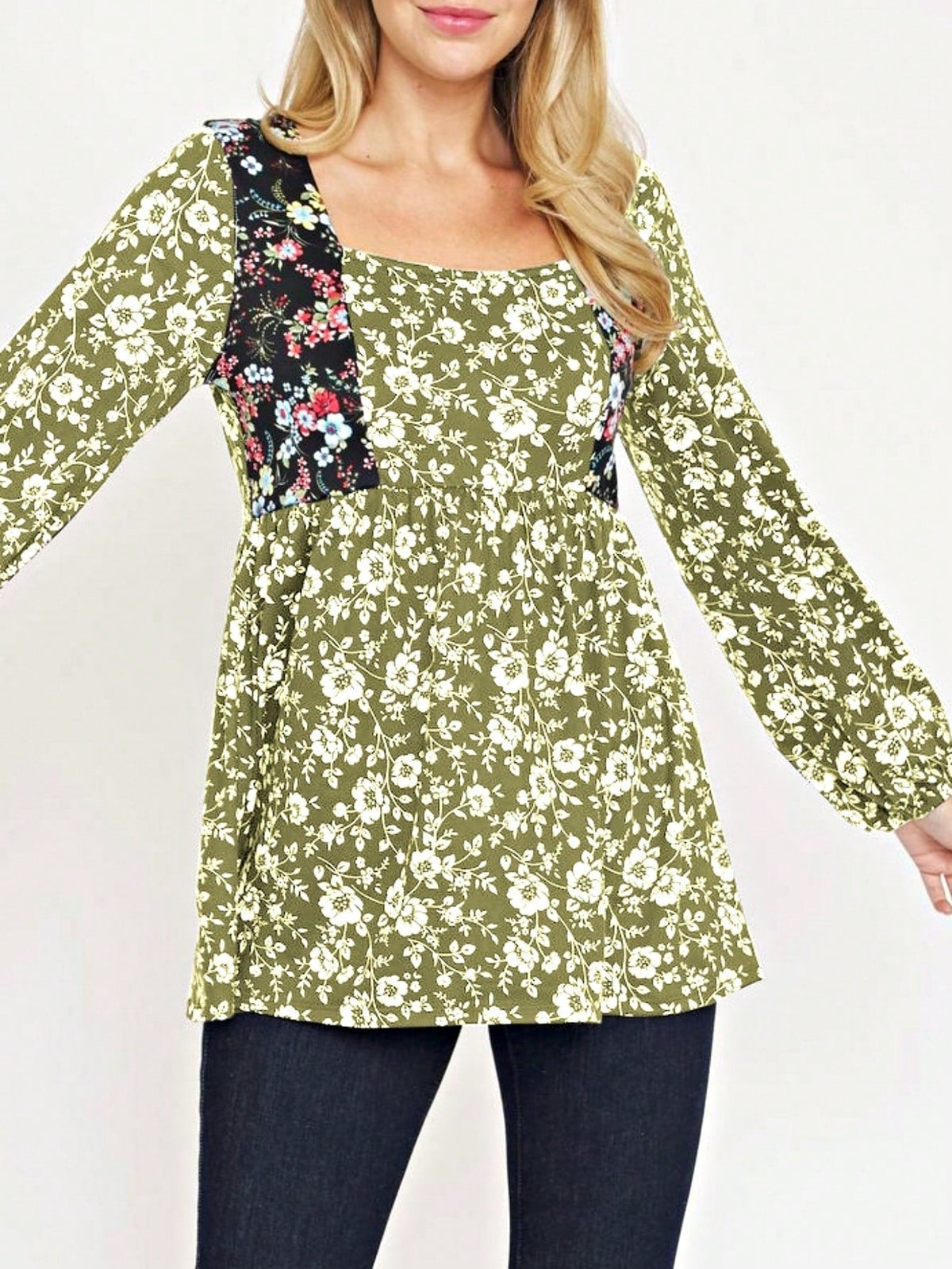 Boho Retro 90's Vintage Ditsy Floral V Neck Empire Waist  Bubble Puff Long Sleeve Tunic Top