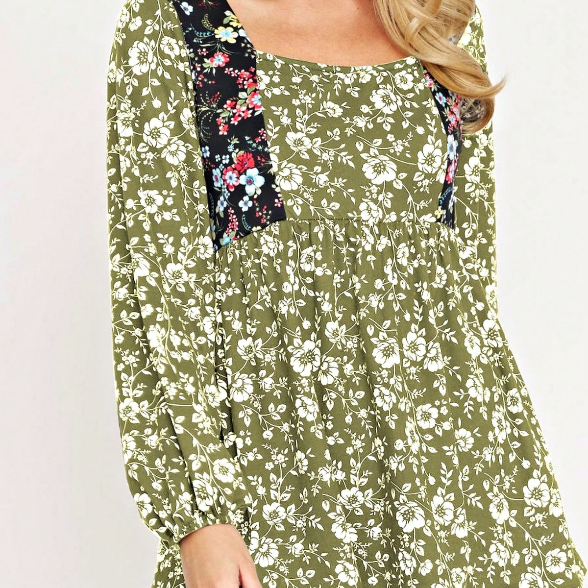 Boho Retro 90's Vintage Ditsy Floral V Neck Empire Waist  Bubble Puff Long Sleeve Tunic Top