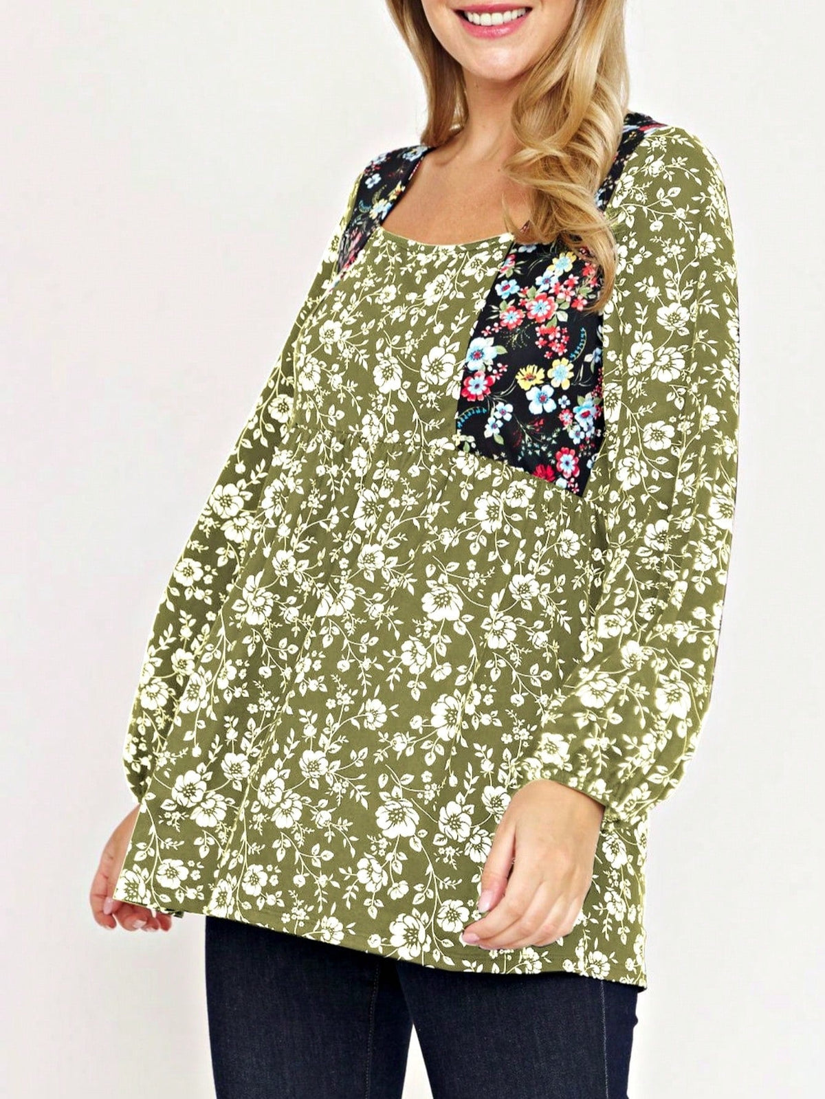 Boho Retro 90's Vintage Ditsy Floral V Neck Empire Waist  Bubble Puff Long Sleeve Tunic Top
