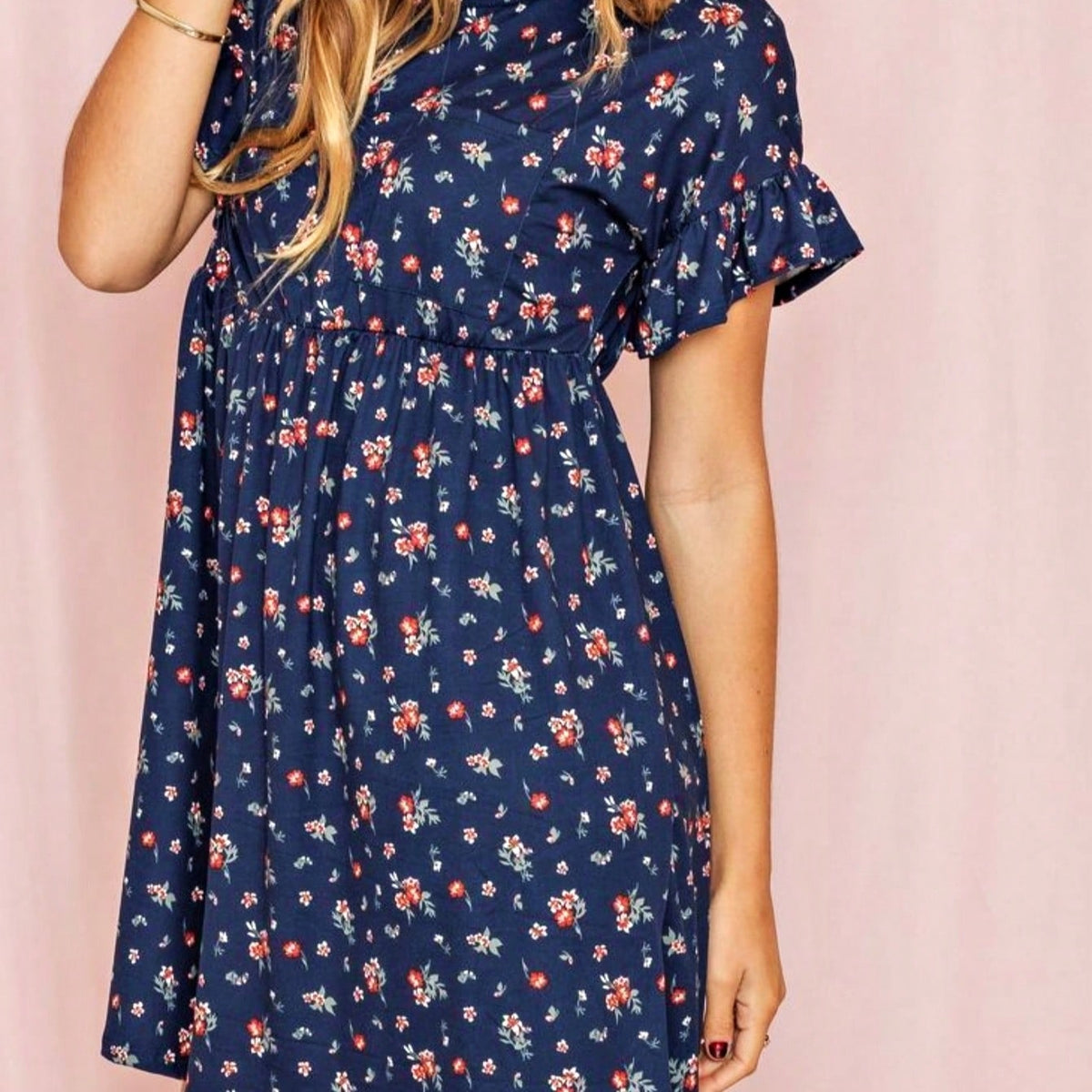 Vintage Navy Pink Yellow White Charcoal Floral Ruffle Trim Midi Dress | S-3X