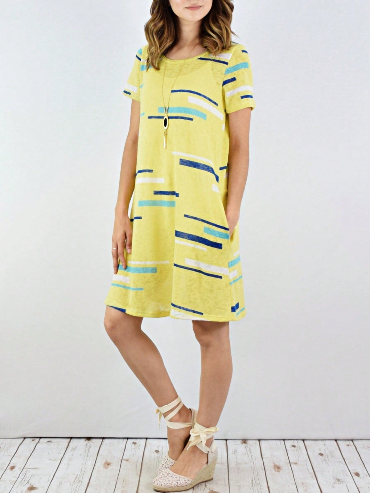 Boho Retro Rayon Cool Soft Summer Cuff Short Sleeve Crew Neck T Shirt Mini Dress Tunic With Pockets