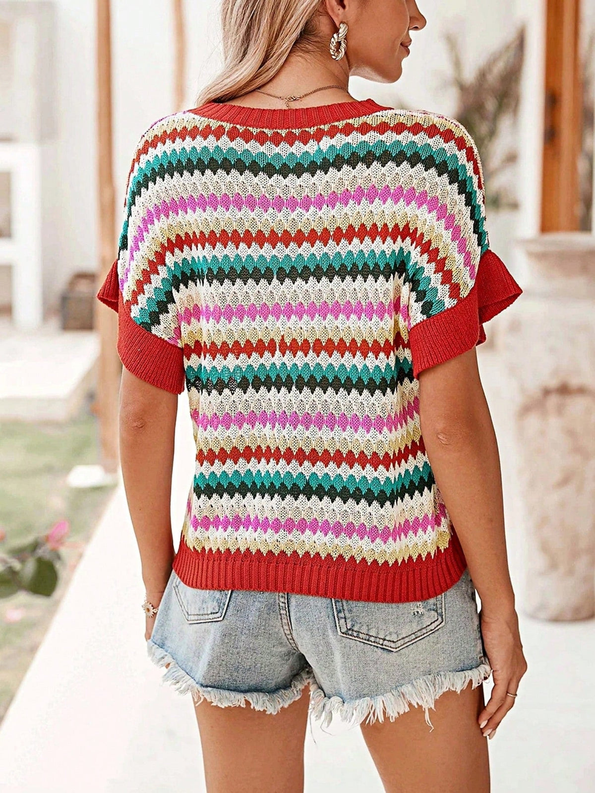 Boho Retro Vintage Viscose 90's  Pink Stripe Knit  Drop Shoulder Blue  Puff Bishop Sleeve  Sweater Knit Top Pullover
