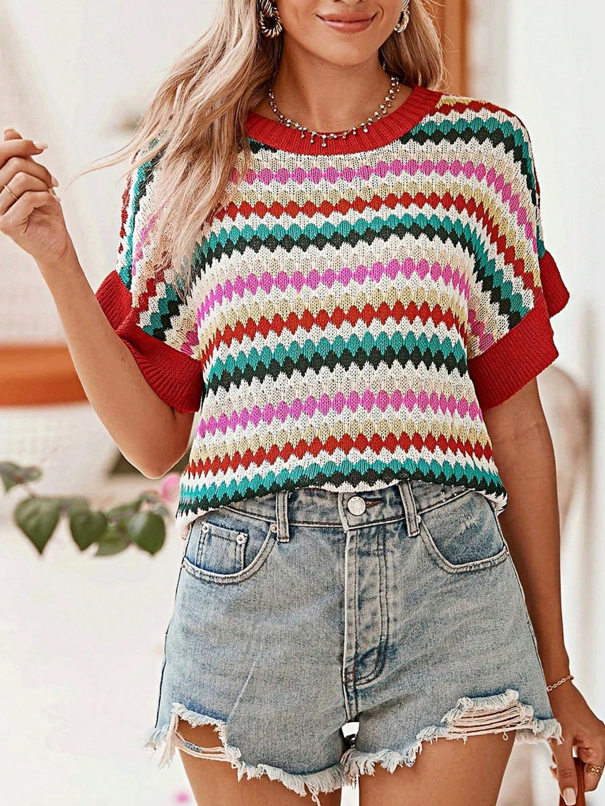 Boho Retro Vintage Viscose 90's  Pink Stripe Knit  Drop Shoulder Blue  Puff Bishop Sleeve  Sweater Knit Top Pullover