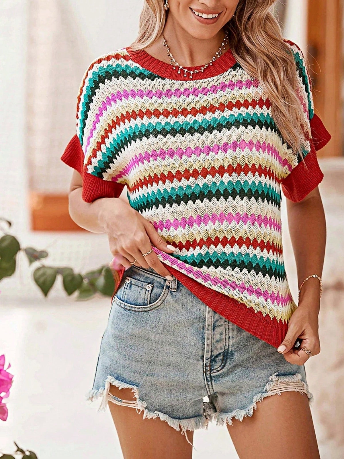 Boho Retro Vintage Viscose 90's  Pink Stripe Knit  Drop Shoulder Blue  Puff Bishop Sleeve  Sweater Knit Top Pullover