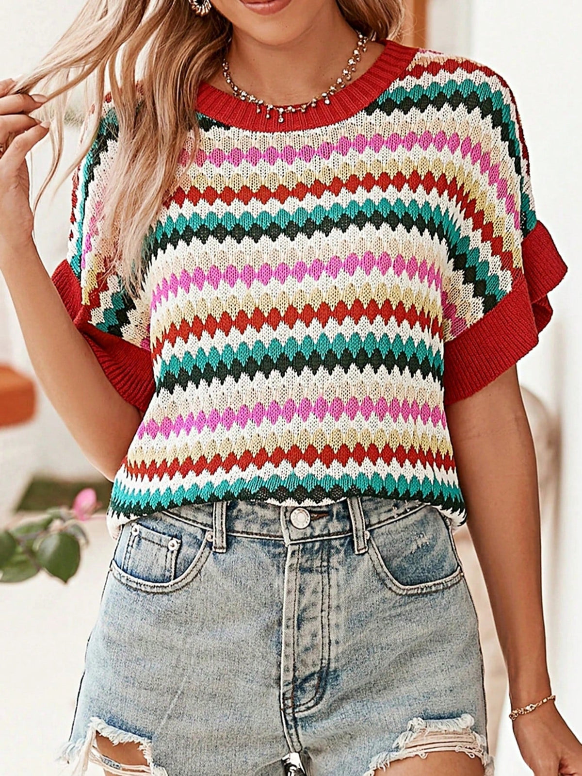 Boho Retro Vintage Viscose 90's  Pink Stripe Knit  Drop Shoulder Blue  Puff Bishop Sleeve  Sweater Knit Top Pullover