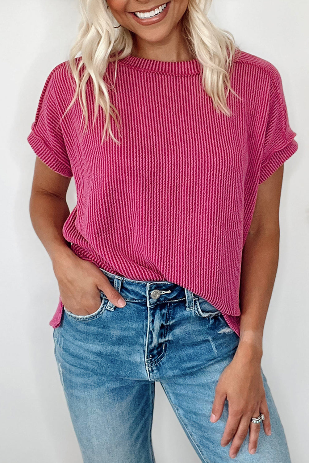 White Crinkle Rib Textured Knit Round Neck T Shirt