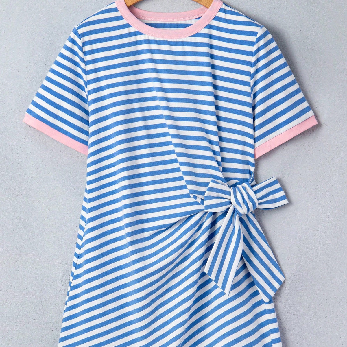 Cotton Stripe Nautical Tie Contrast Trim Round Neck T Shirt Mini Dress