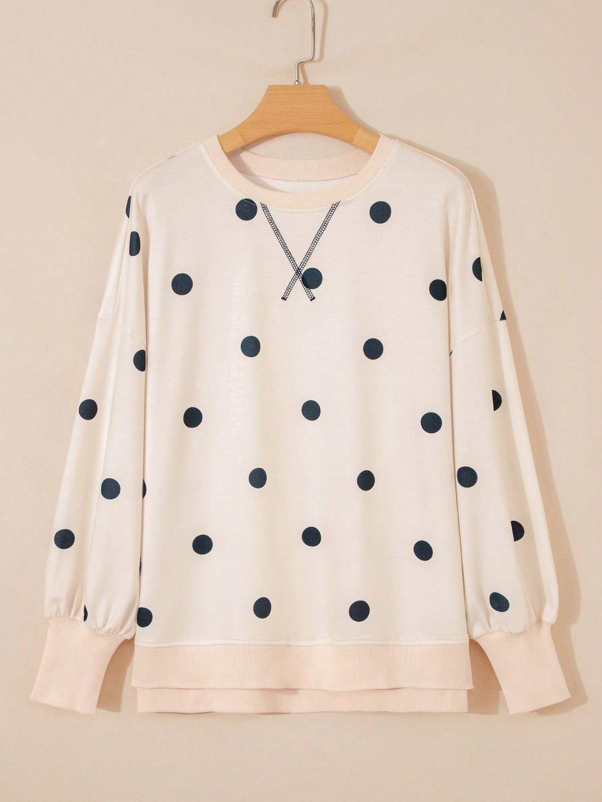 Boho Retro 90's Mix Dot  Drop Shoulder Stripe Raglan Oversized Side Slit Top  Sweatshirt Pullover