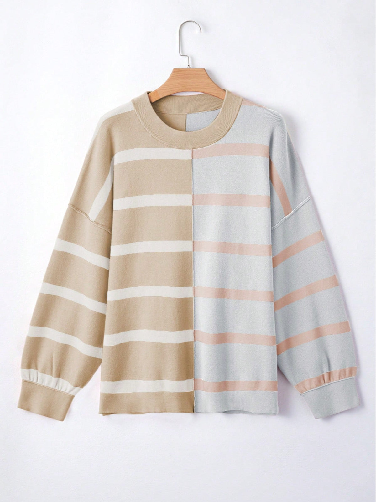 Boho Retro Vintage Viscose 90's  Pink Stripe Knit  Drop Shoulder Blue  Puff Bishop Sleeve  Sweater Knit Top Pullover
