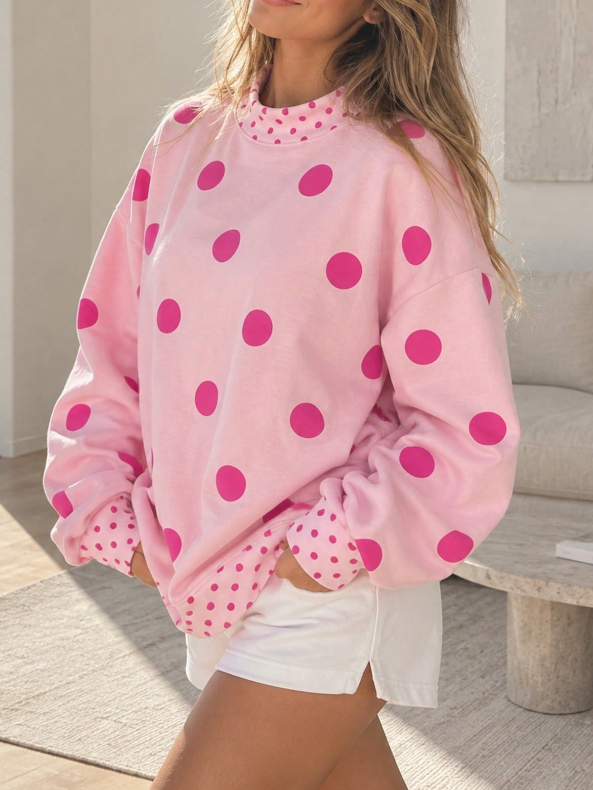 Dot  Drop Shoulder Oversized Mock Neck Dolman Shirt Top  Sweatshirt Pullover
