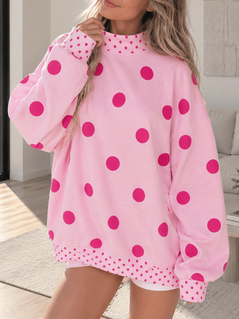 Dot  Drop Shoulder Oversized Mock Neck Dolman Shirt Top  Sweatshirt Pullover