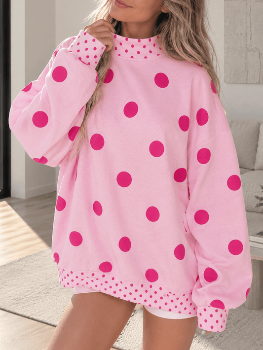 Dot  Drop Shoulder Oversized Mock Neck Dolman Shirt Top  Sweatshirt Pullover