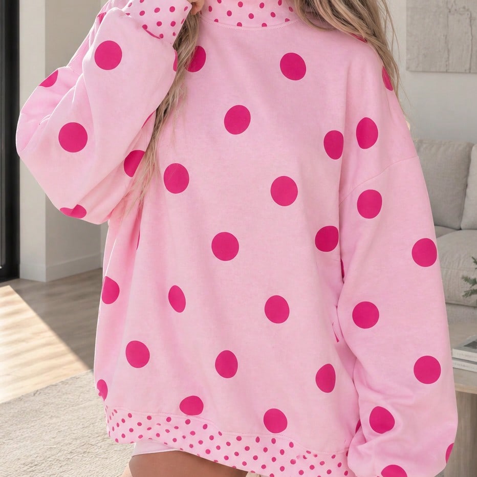 Dot  Drop Shoulder Oversized Mock Neck Dolman Shirt Top  Sweatshirt Pullover