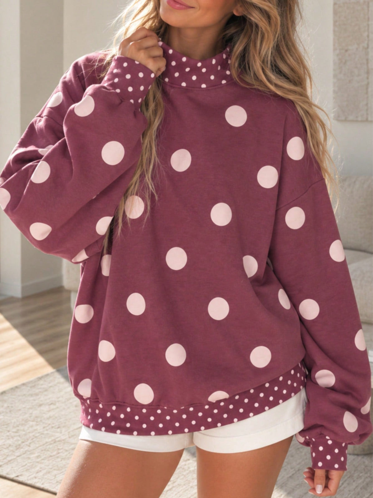 Dot  Drop Shoulder Oversized Mock Neck Dolman Shirt Top  Sweatshirt Pullover