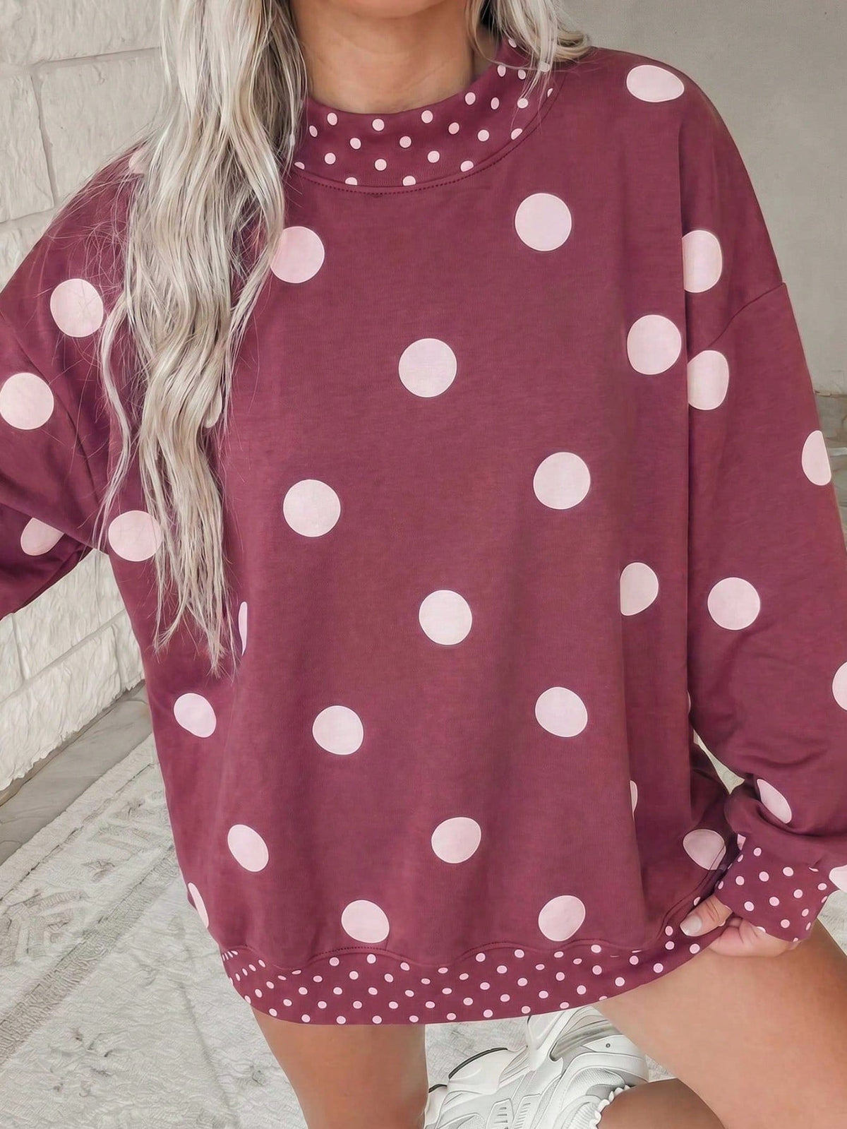 Dot  Drop Shoulder Oversized Mock Neck Dolman Shirt Top  Sweatshirt Pullover