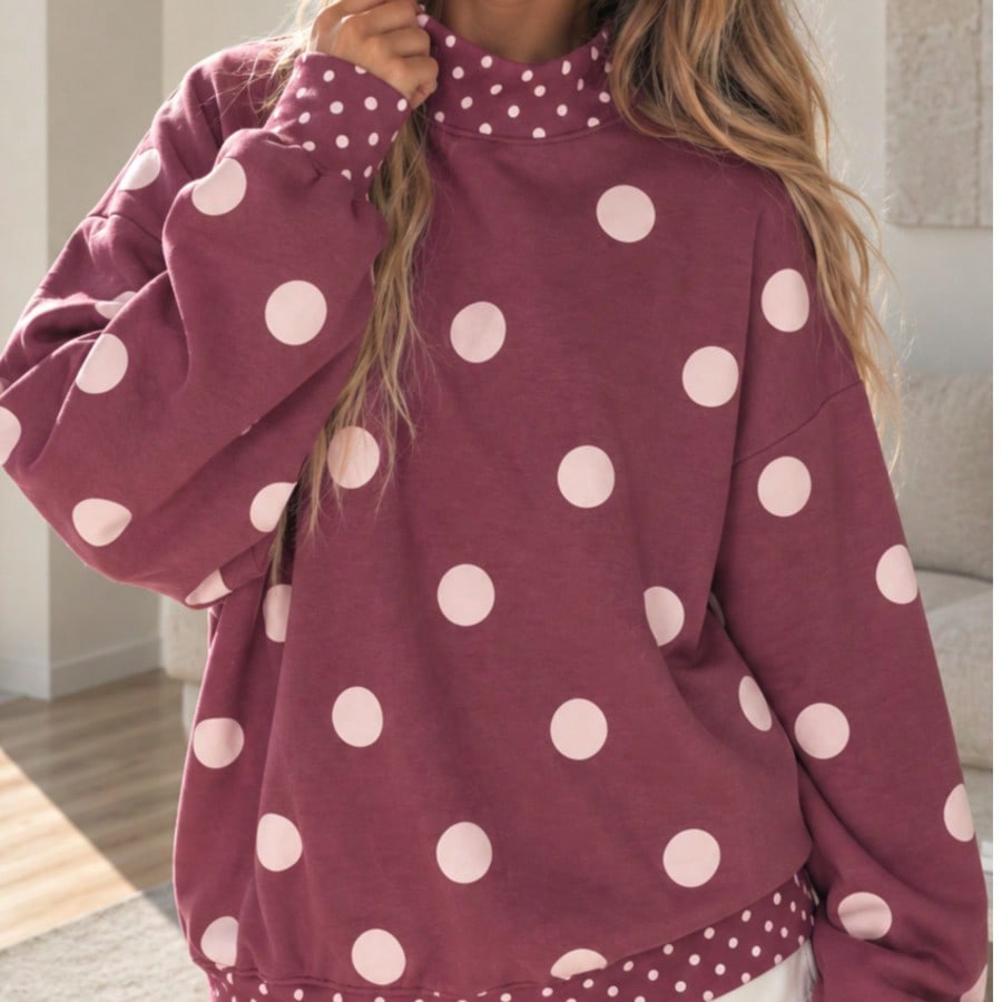 Dot  Drop Shoulder Oversized Mock Neck Dolman Shirt Top  Sweatshirt Pullover