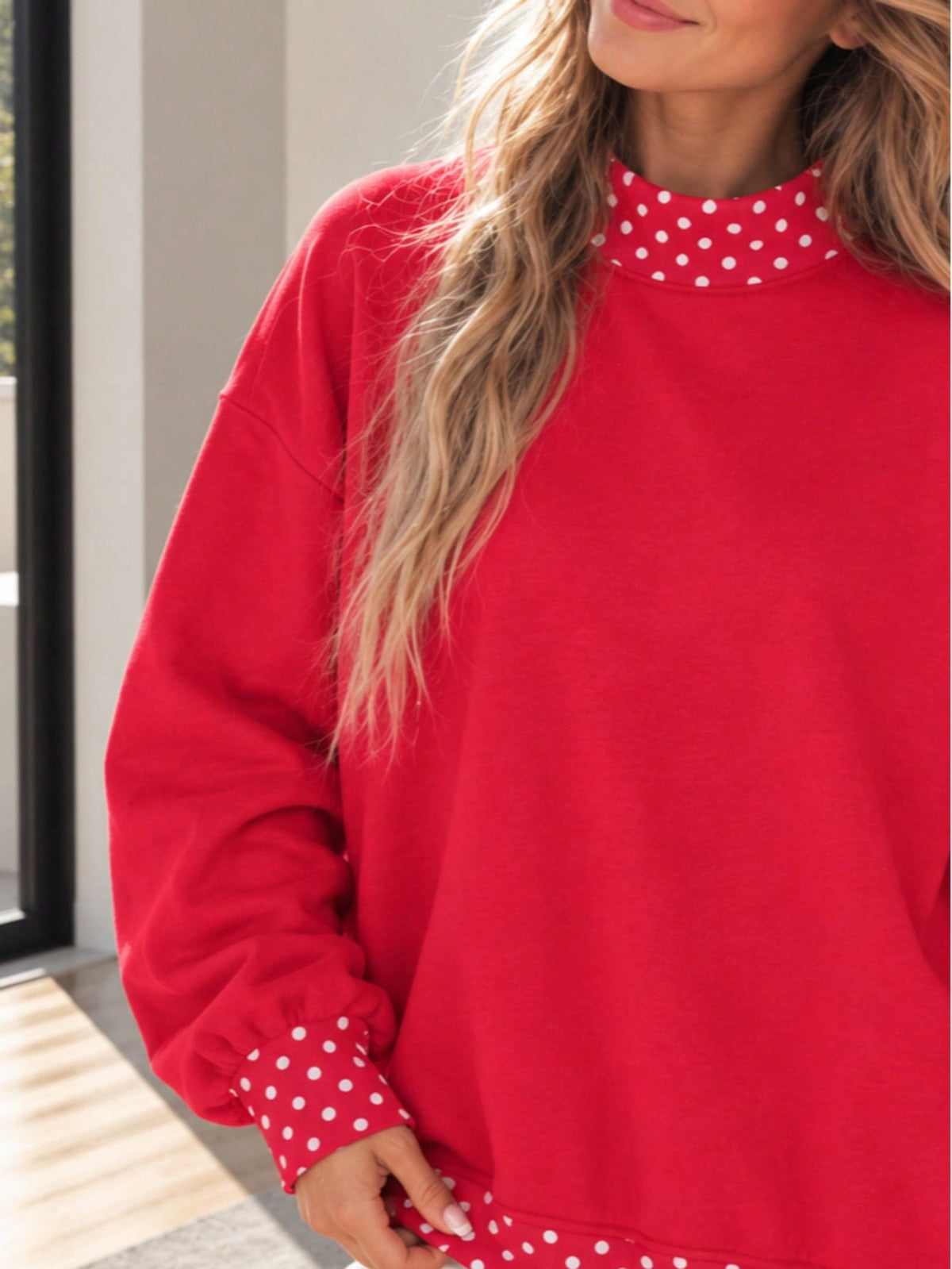 Dot  Drop Shoulder Oversized Mock Neck Dolman Shirt Top  Sweatshirt Pullover