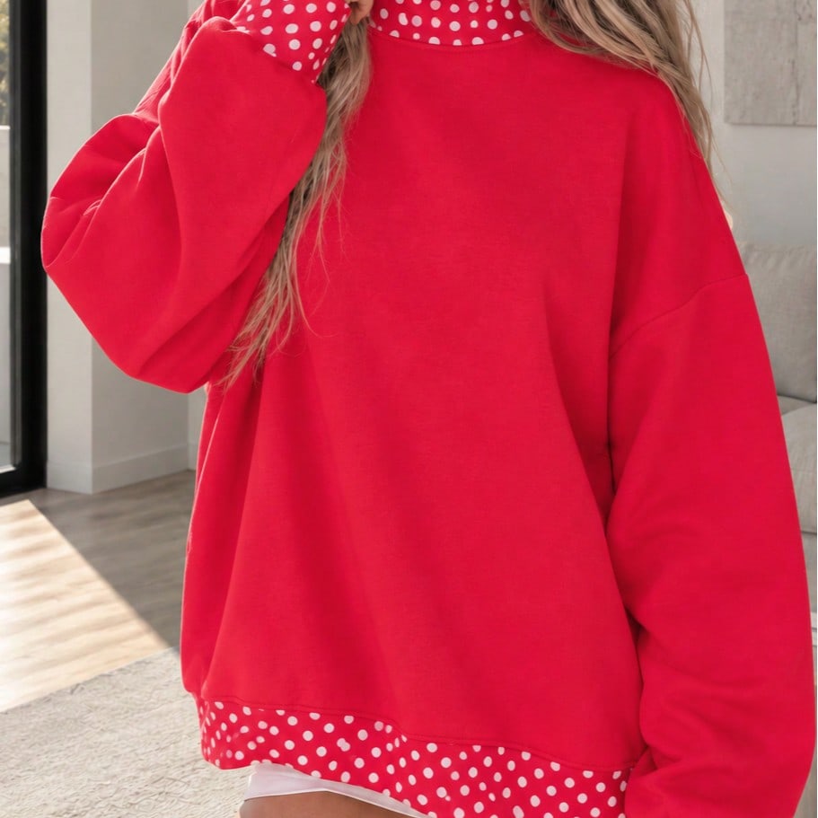 Dot  Drop Shoulder Oversized Mock Neck Dolman Shirt Top  Sweatshirt Pullover