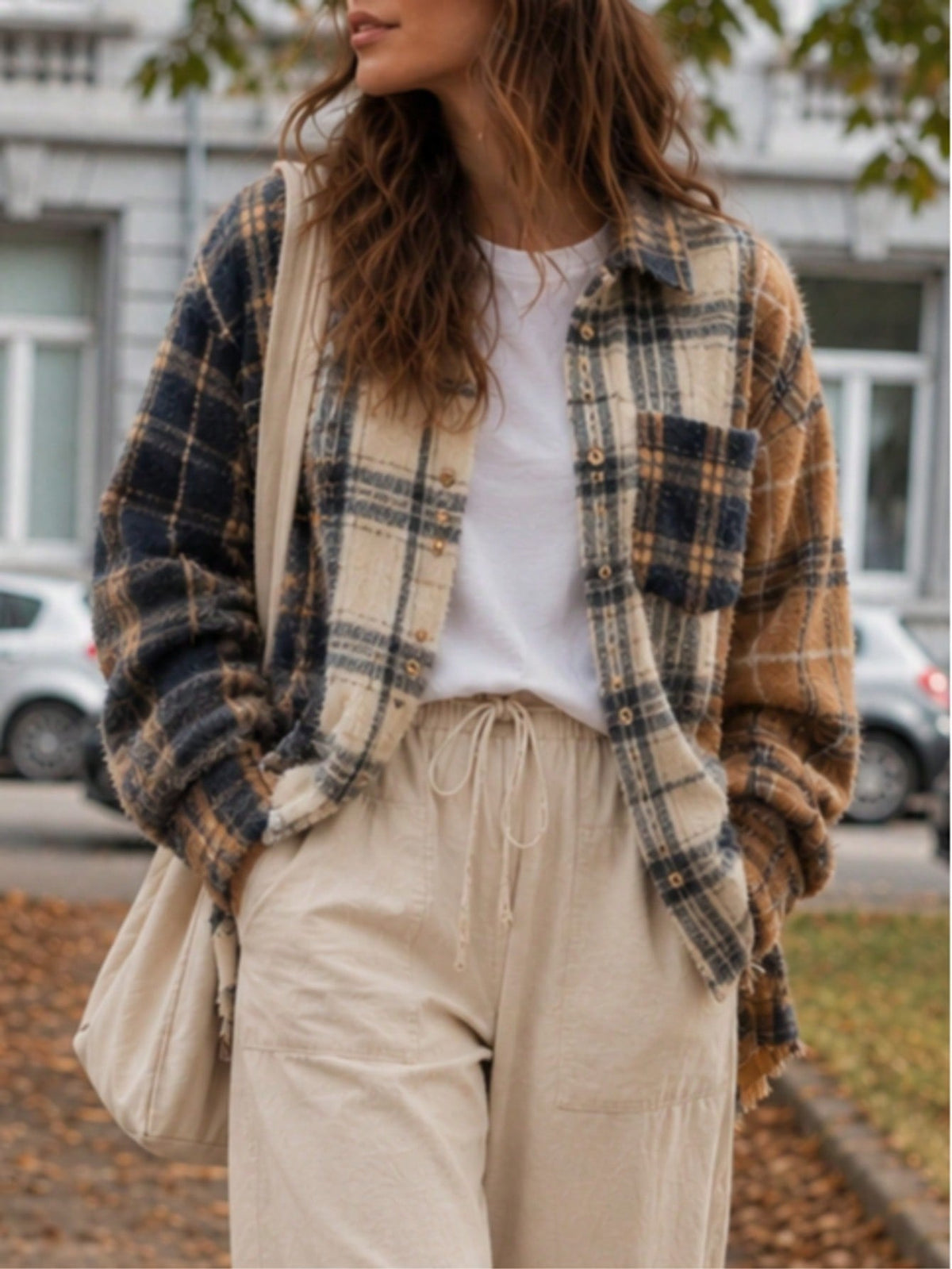Boho Retro 90's  Plaid Button Patchwork Pocket Loose  Oversized Shacket Cardigan Shirt