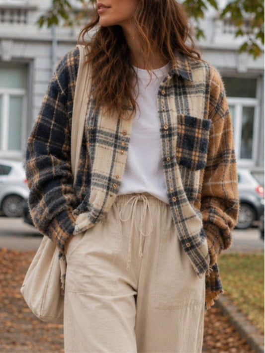 Boho Retro 90's  Plaid Button Patchwork Pocket Loose  Oversized Shacket Cardigan Shirt