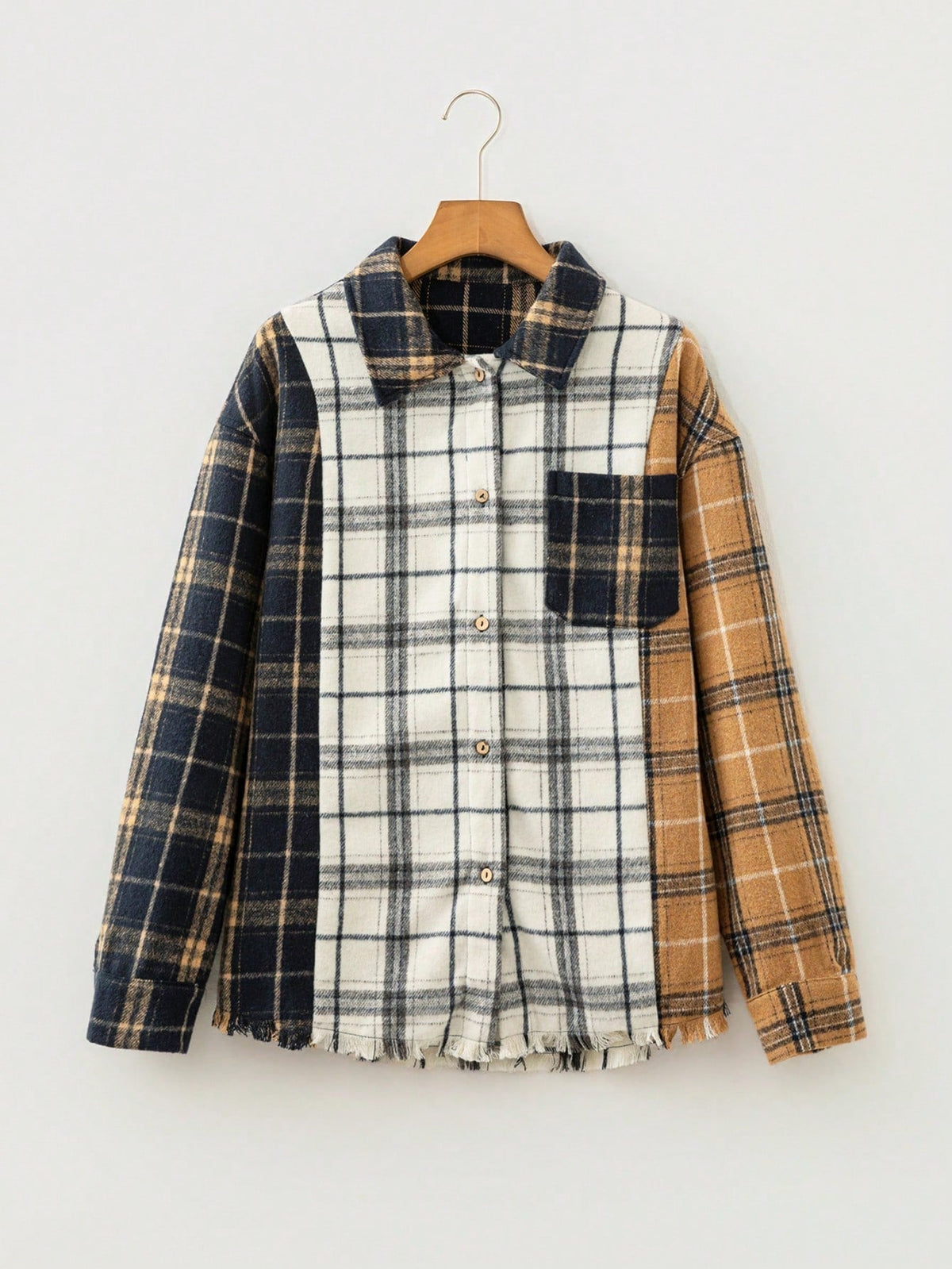 Boho Retro 90's  Plaid Button Patchwork Pocket Loose  Oversized Shacket Cardigan Shirt