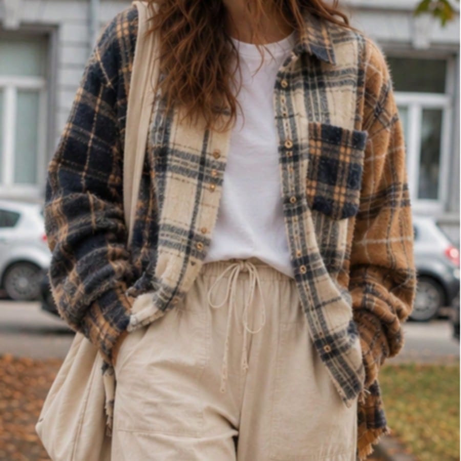 Boho Retro 90's  Plaid Button Patchwork Pocket Loose  Oversized Shacket Cardigan Shirt