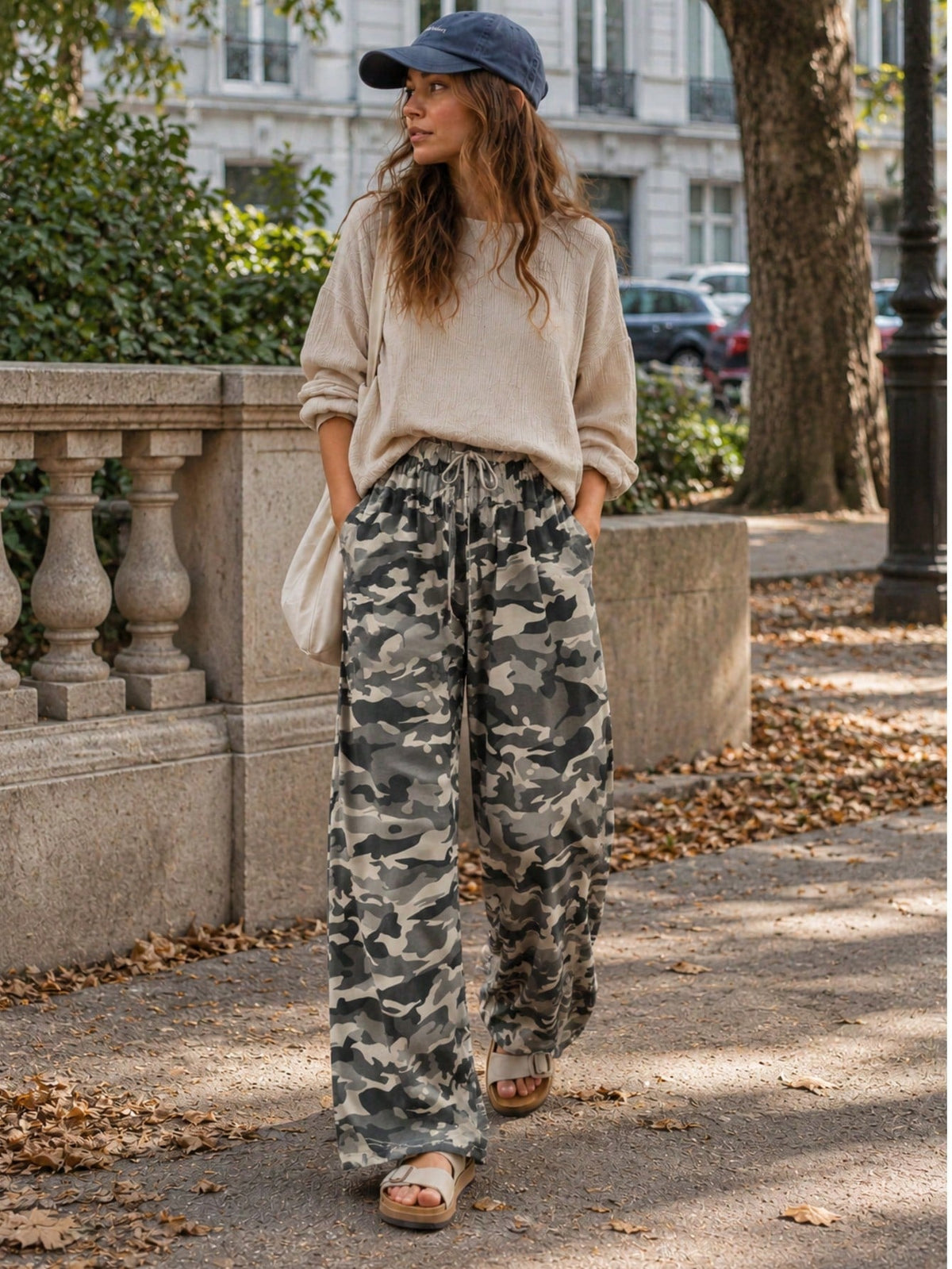 Elastic band drawstrign Wide Leg Tiered Soft Camo Long Lounge Pants