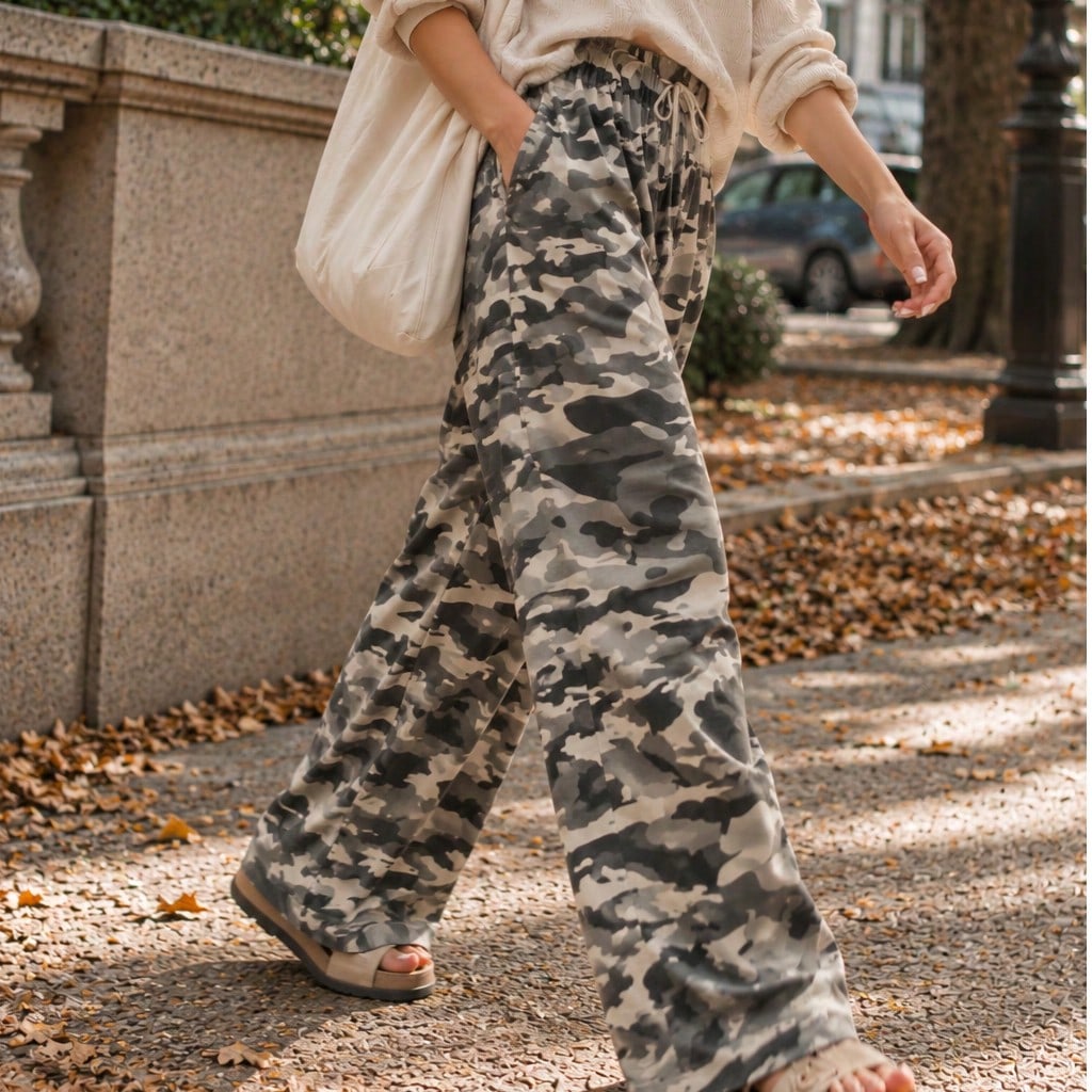 Elastic band drawstrign Wide Leg Tiered Soft Camo Long Lounge Pants