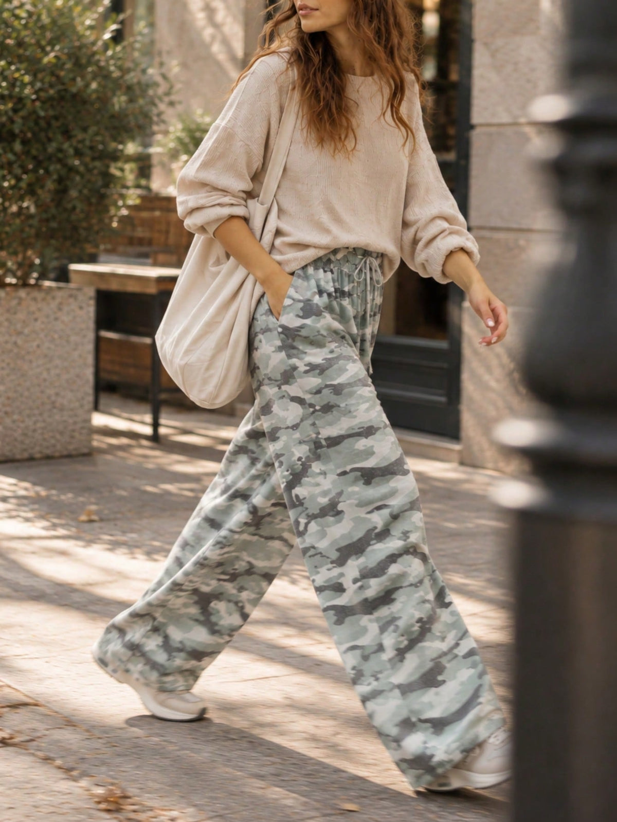 Elastic band drawstrign Wide Leg Tiered Soft Camo Long Lounge Pants