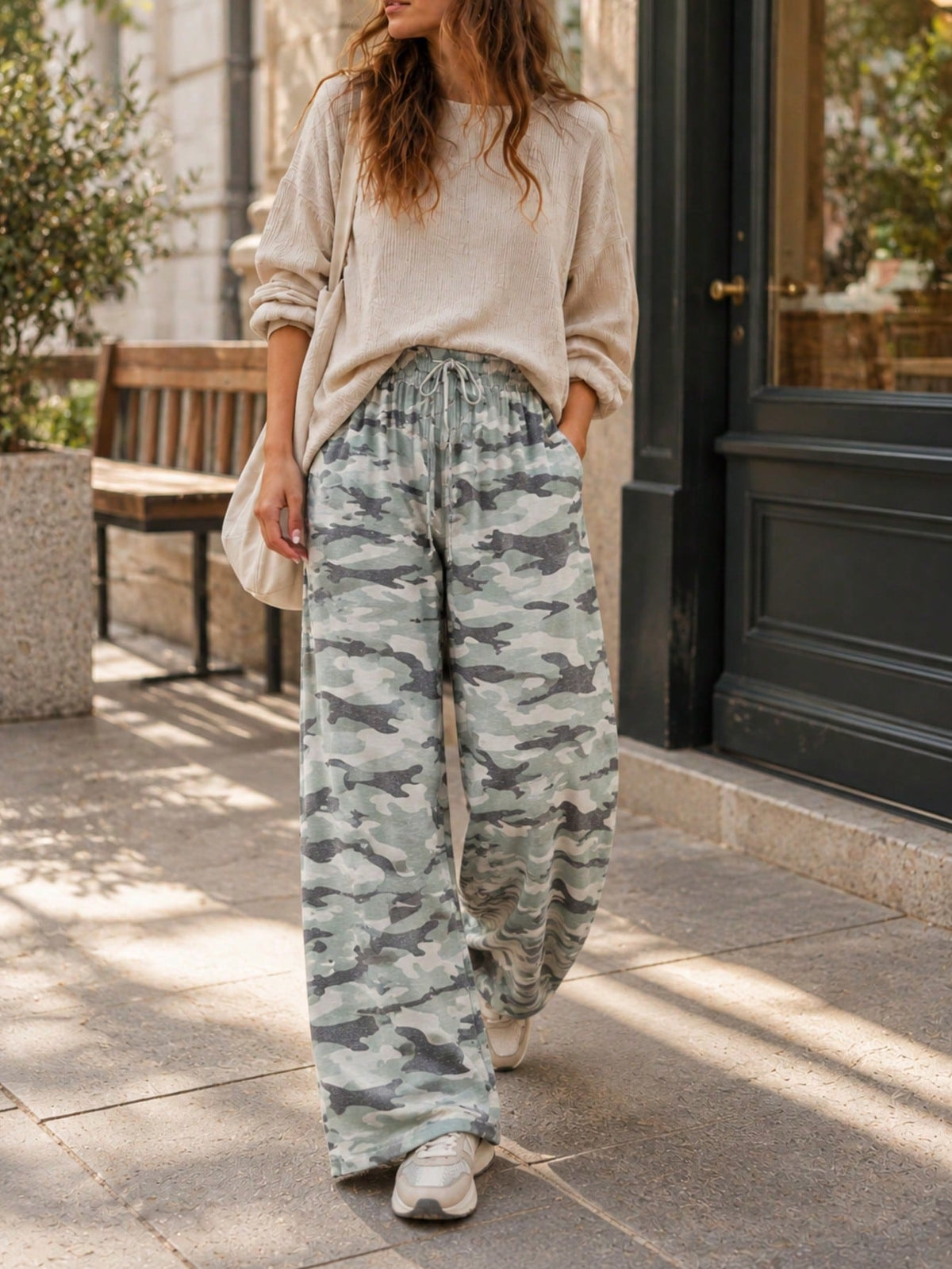 Elastic band drawstrign Wide Leg Tiered Soft Camo Long Lounge Pants