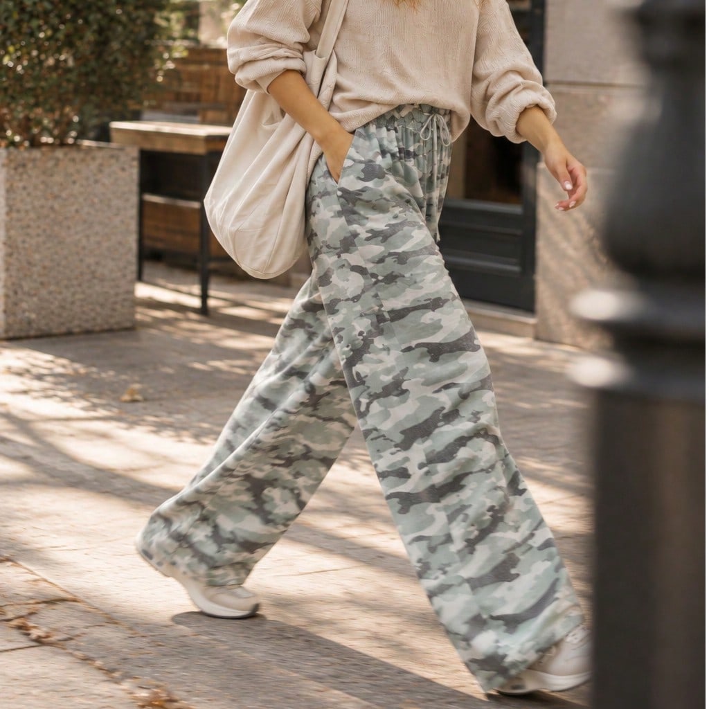 Elastic band drawstrign Wide Leg Tiered Soft Camo Long Lounge Pants