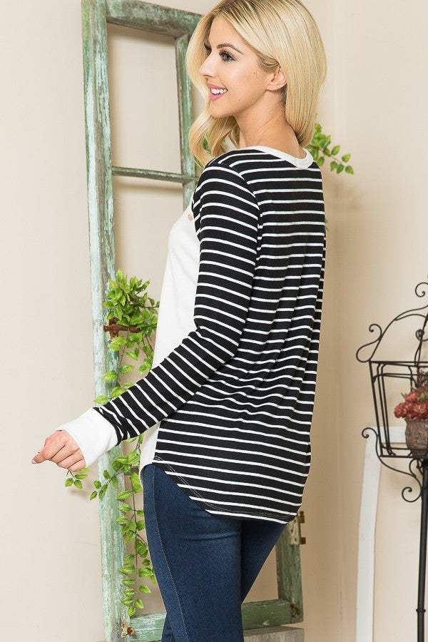 Sweater Knit Stripe Button Front Top